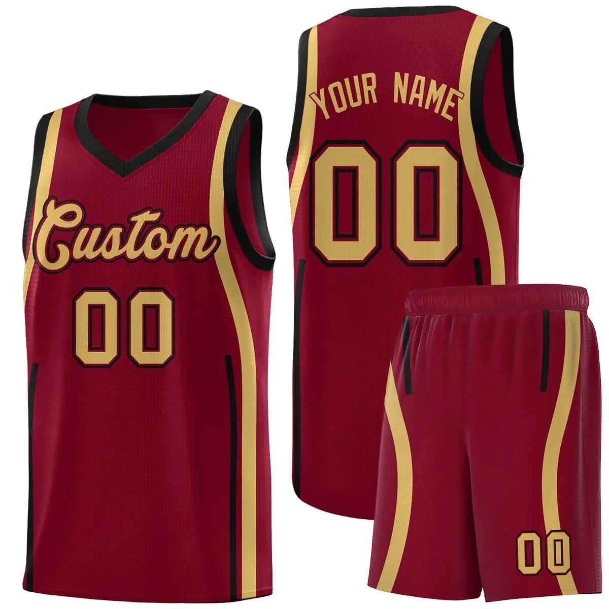 Crimson Old Gold-Black Ribbon Pattern Basketball Kits