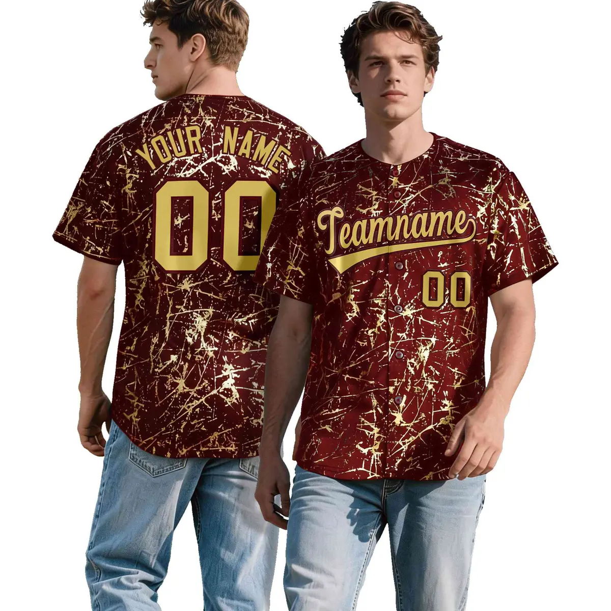 Crimson Old Gold Black & Shiny Gold Cracked Foil Baseball Jersey