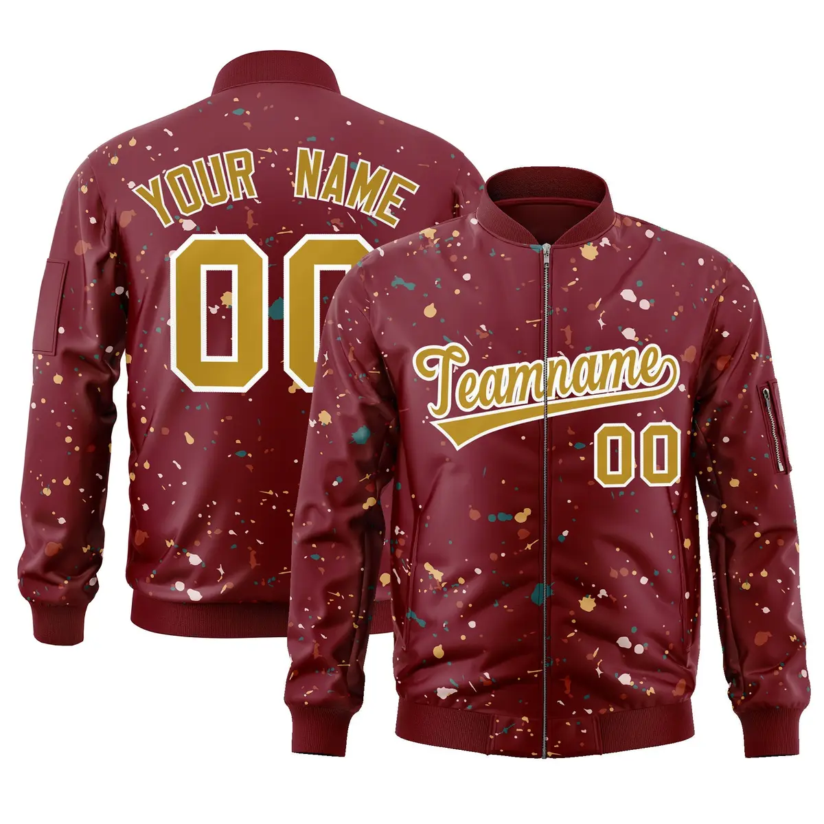 Crimson Old Gold-White Splash Graffiti Varsity Full-Zip Letterman Jacket