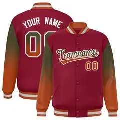 Crimson Olive-Texas Orange Gradient Varsity Full-Snap Raglan Baseball Jacket 1