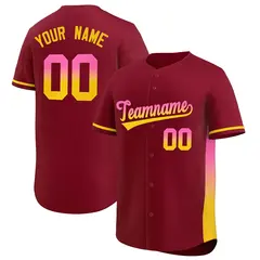 Crimson Pink-Gold Gradient Font Side Baseball Jersey 1
