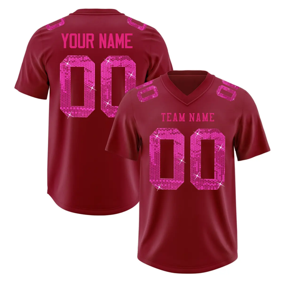 Crimson Pink Sequin Lettering Football Jersey