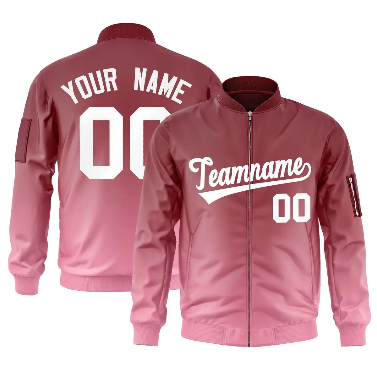 Crimson Pink-White Gradient Varsity Letterman Bomber Jacket