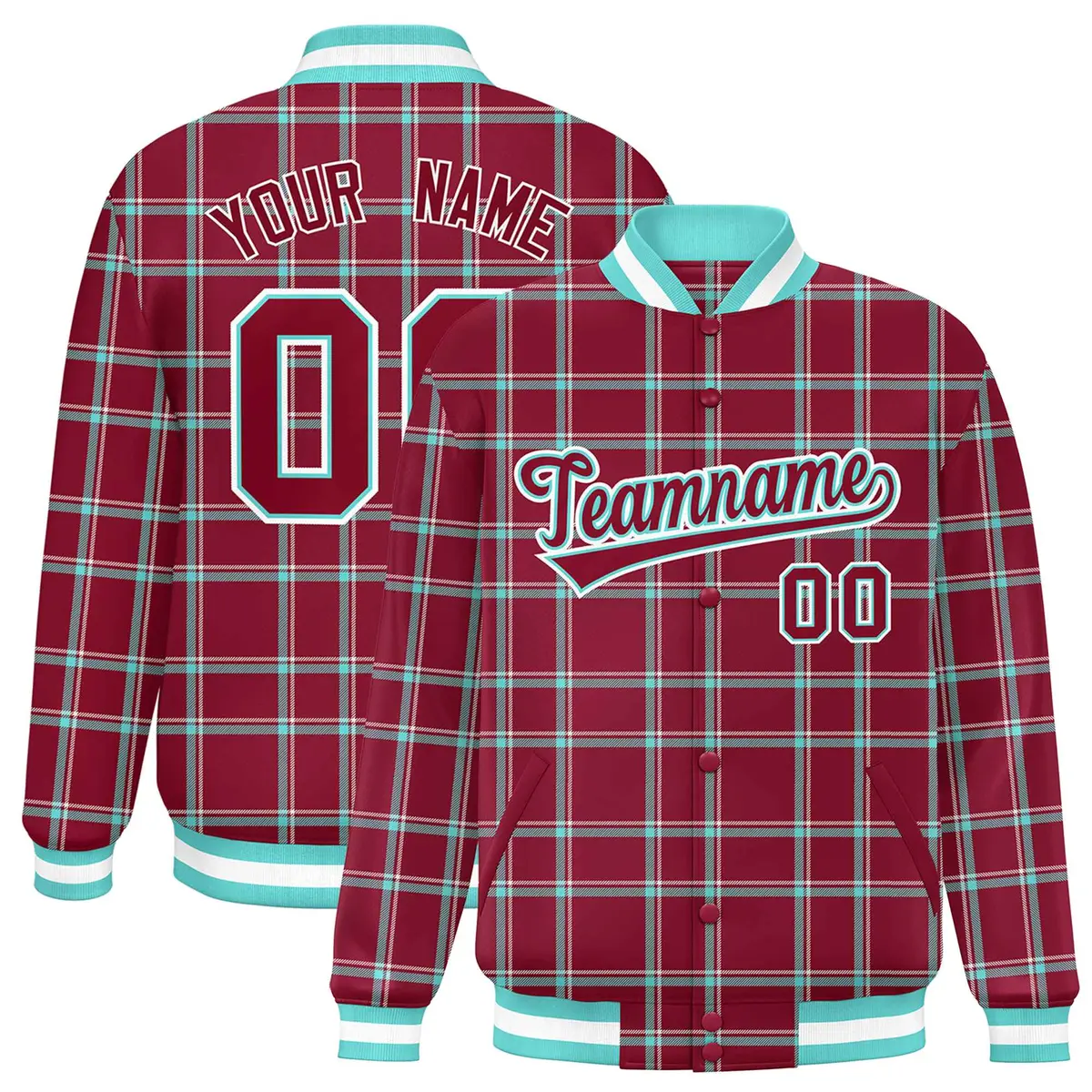 Crimson Plaid Pattern Varsity Letterman Baseball Jacket