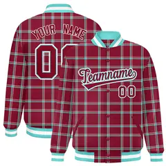 Crimson Plaid Pattern Varsity Letterman Baseball Jacket