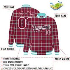 Crimson Plaid Pattern Varsity Letterman Baseball Jacket 2