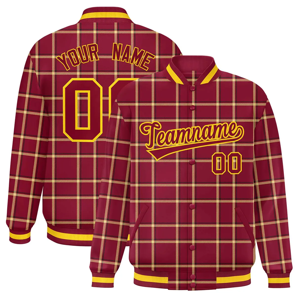 Crimson Plaid Pattern Varsity Letterman Baseball Jacket