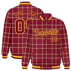 Crimson Plaid Pattern Varsity Letterman Baseball Jacket