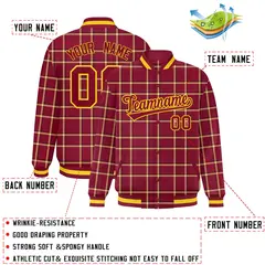 Crimson Plaid Pattern Varsity Letterman Baseball Jacket 2