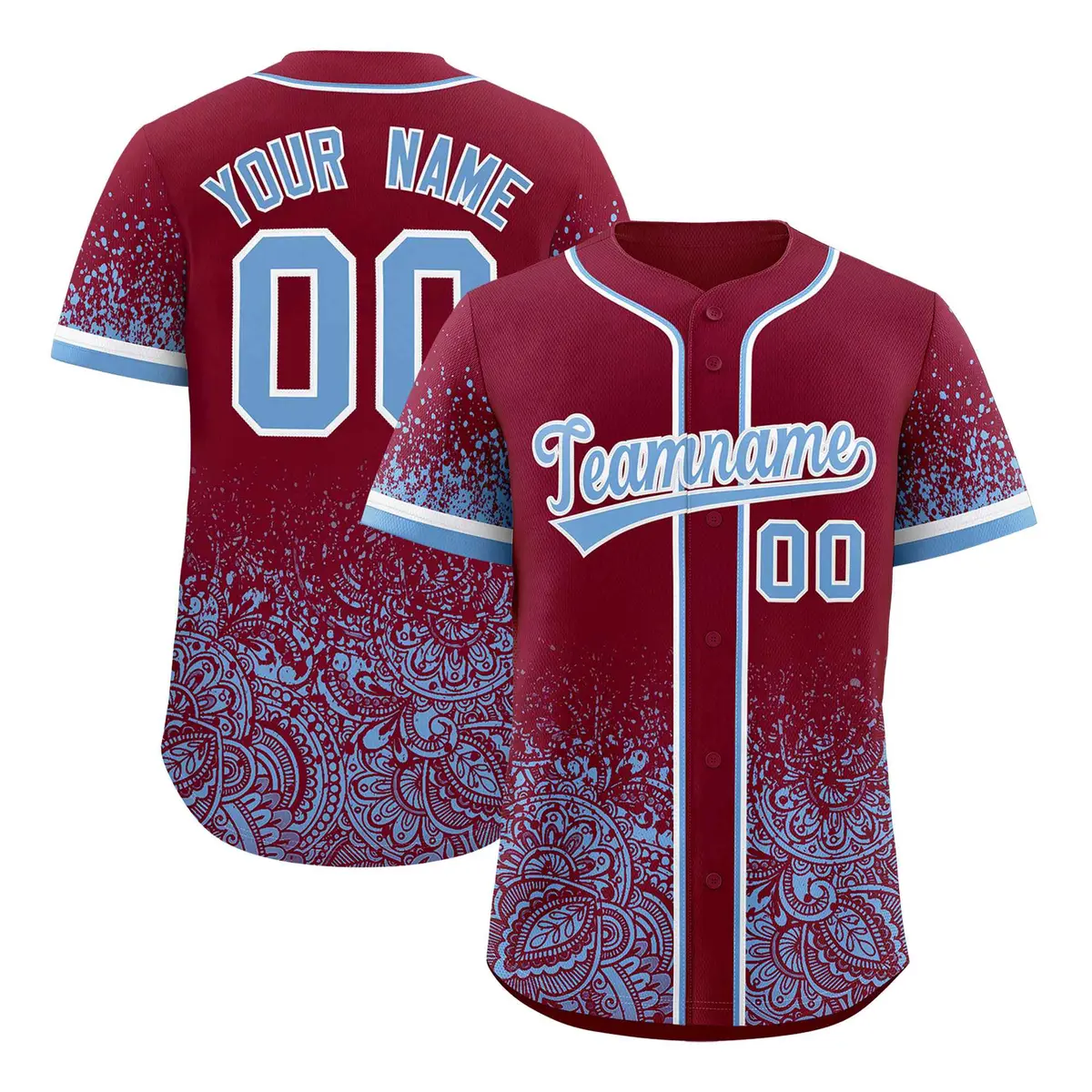 Crimson Powder Blue Floral Gradient Full Button Baseball Jersey