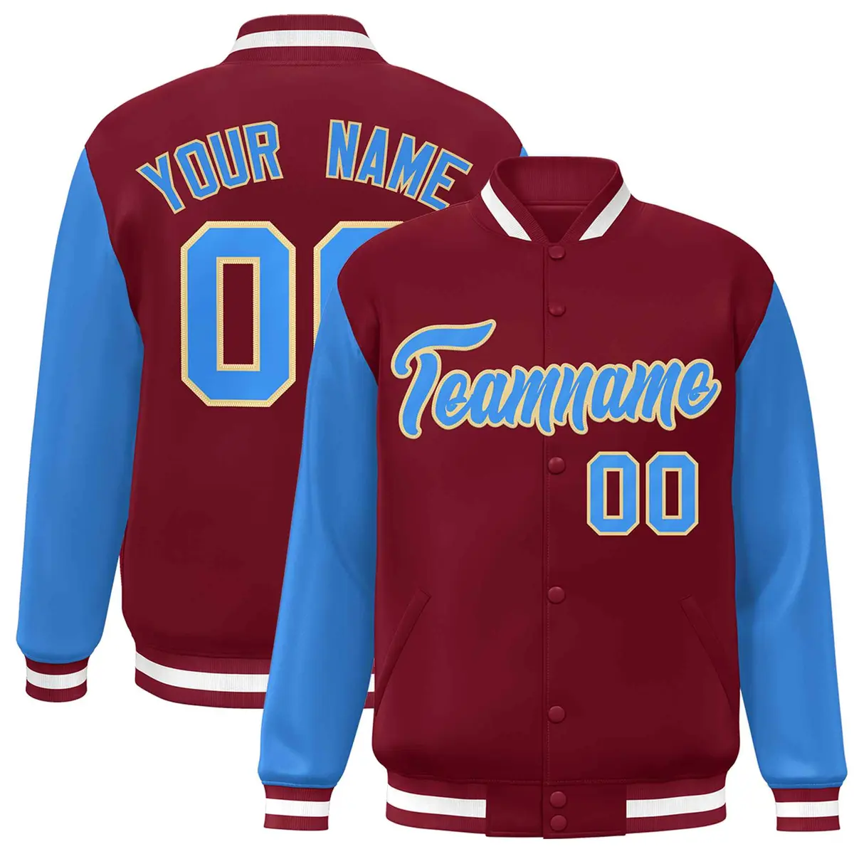 Crimson Powder Blue-Khaki Raglan Varsity Full-Snap Letterman Jacket