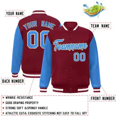 Crimson Powder Blue-Khaki Raglan Varsity Full-Snap Letterman Jacket 2
