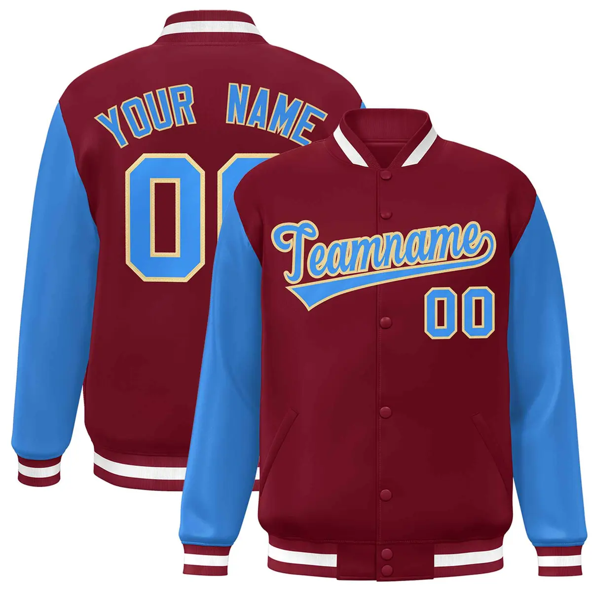 Crimson Powder Blue-Khaki Raglan Varsity Full-Snap Letterman Jacket