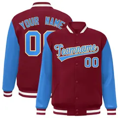 Crimson Powder Blue-Khaki Raglan Varsity Full-Snap Letterman Jacket 1