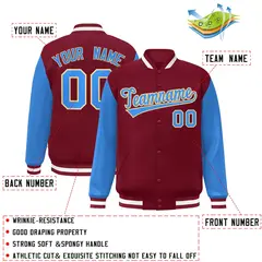 Crimson Powder Blue-Khaki Raglan Varsity Full-Snap Letterman Jacket 2