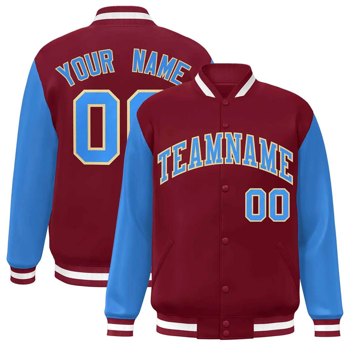 Crimson Powder Blue-Khaki Raglan Varsity Full-Snap Letterman Jacket