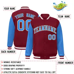 Crimson Powder Blue-Khaki Raglan Varsity Full-Snap Letterman Jacket 2