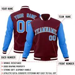 Crimson Powder Blue-Khaki Raglan Varsity Full-Snap Letterman Jacket 4