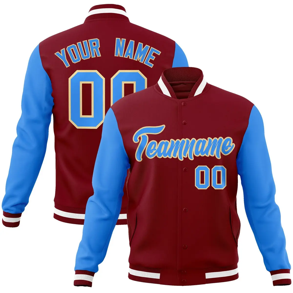Crimson Powder Blue-Khaki Raglan Varsity Full-Snap Letterman Jacket