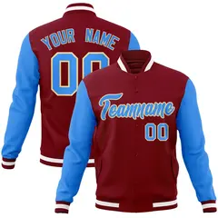 Crimson Powder Blue-Khaki Raglan Varsity Full-Snap Letterman Jacket 1