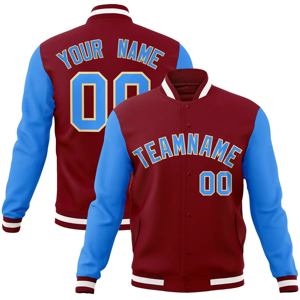 Crimson Powder Blue-Khaki Raglan Varsity Full-Snap Letterman Jacket