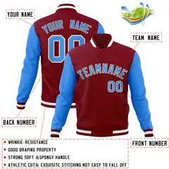Crimson Powder Blue-Khaki Raglan Varsity Full-Snap Letterman Jacket 4