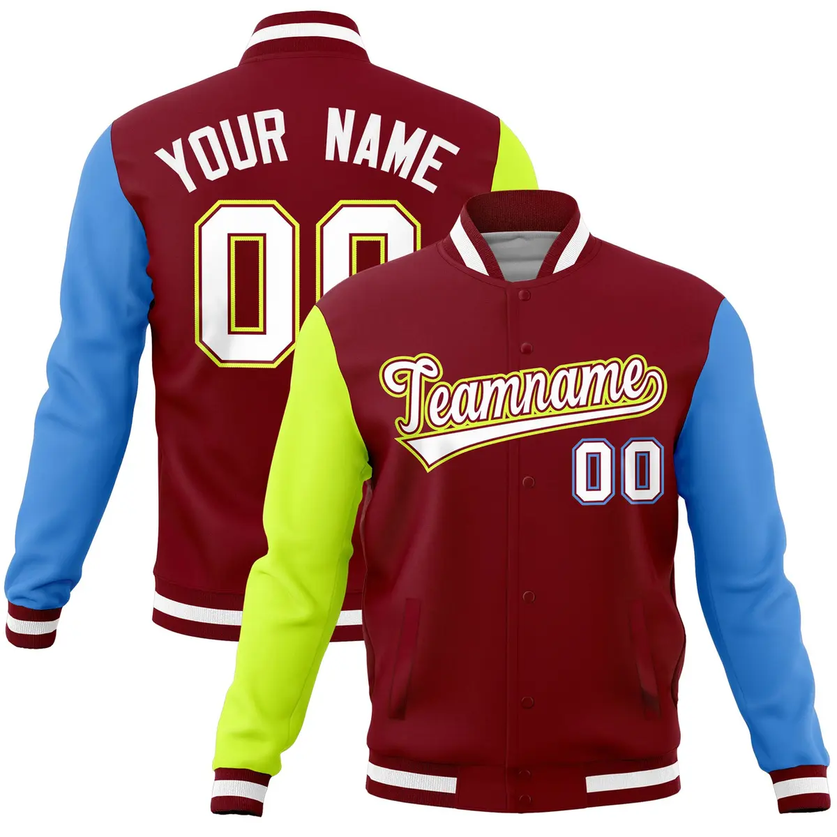 Crimson Powder Blue-Neon Green Full-Snap Raglan Letterman Jacket