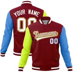 Crimson Powder Blue-Neon Green Full-Snap Raglan Letterman Jacket 1