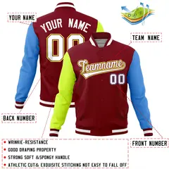 Crimson Powder Blue-Neon Green Full-Snap Raglan Letterman Jacket 4