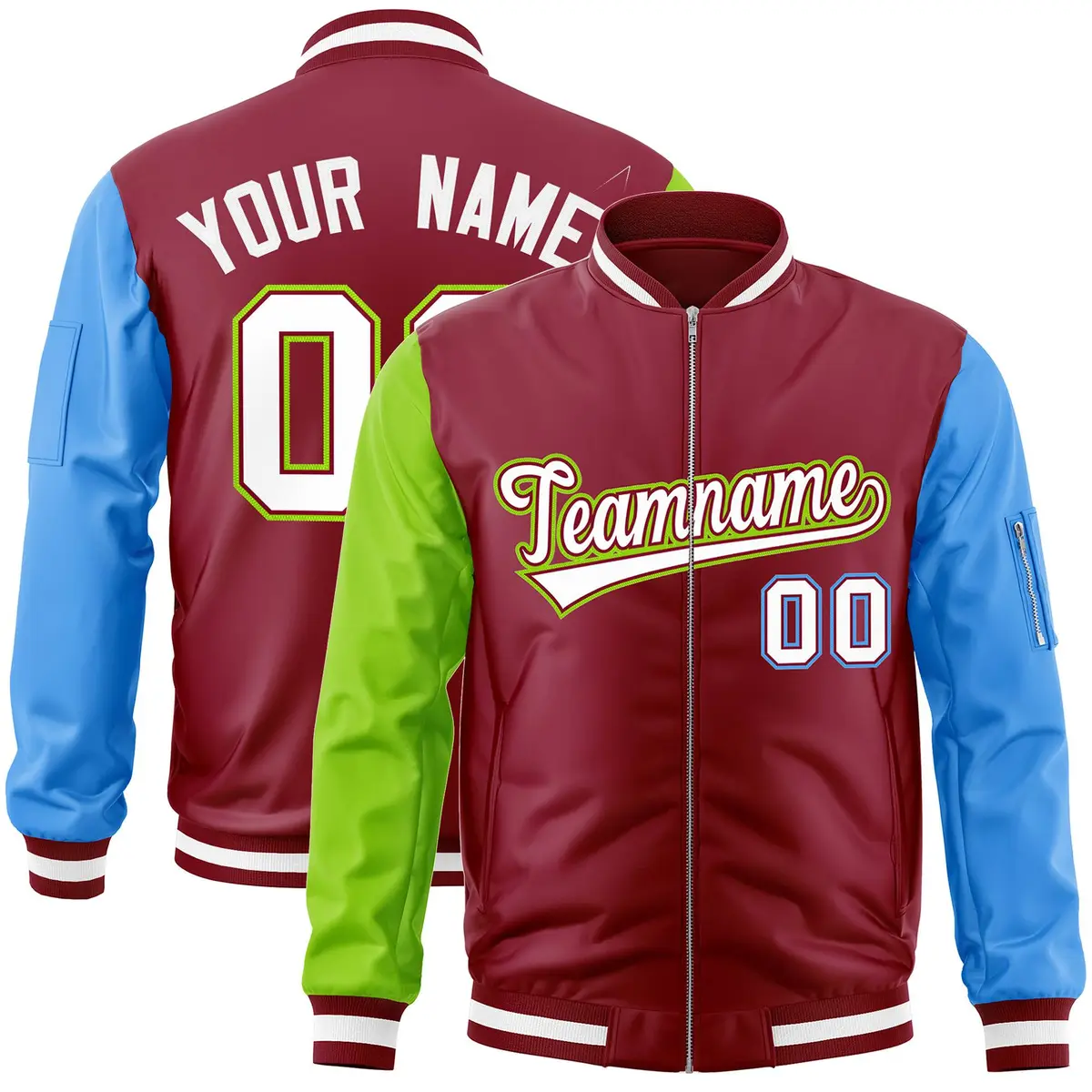Crimson Powder Blue-Neon Green Varsity Full-Zip Raglan Letterman Bomber Jacket