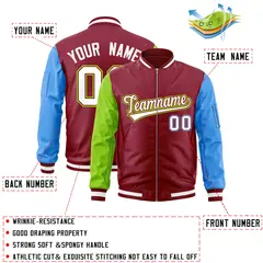 Crimson Powder Blue-Neon Green Varsity Full-Zip Raglan Letterman Bomber Jacket 2