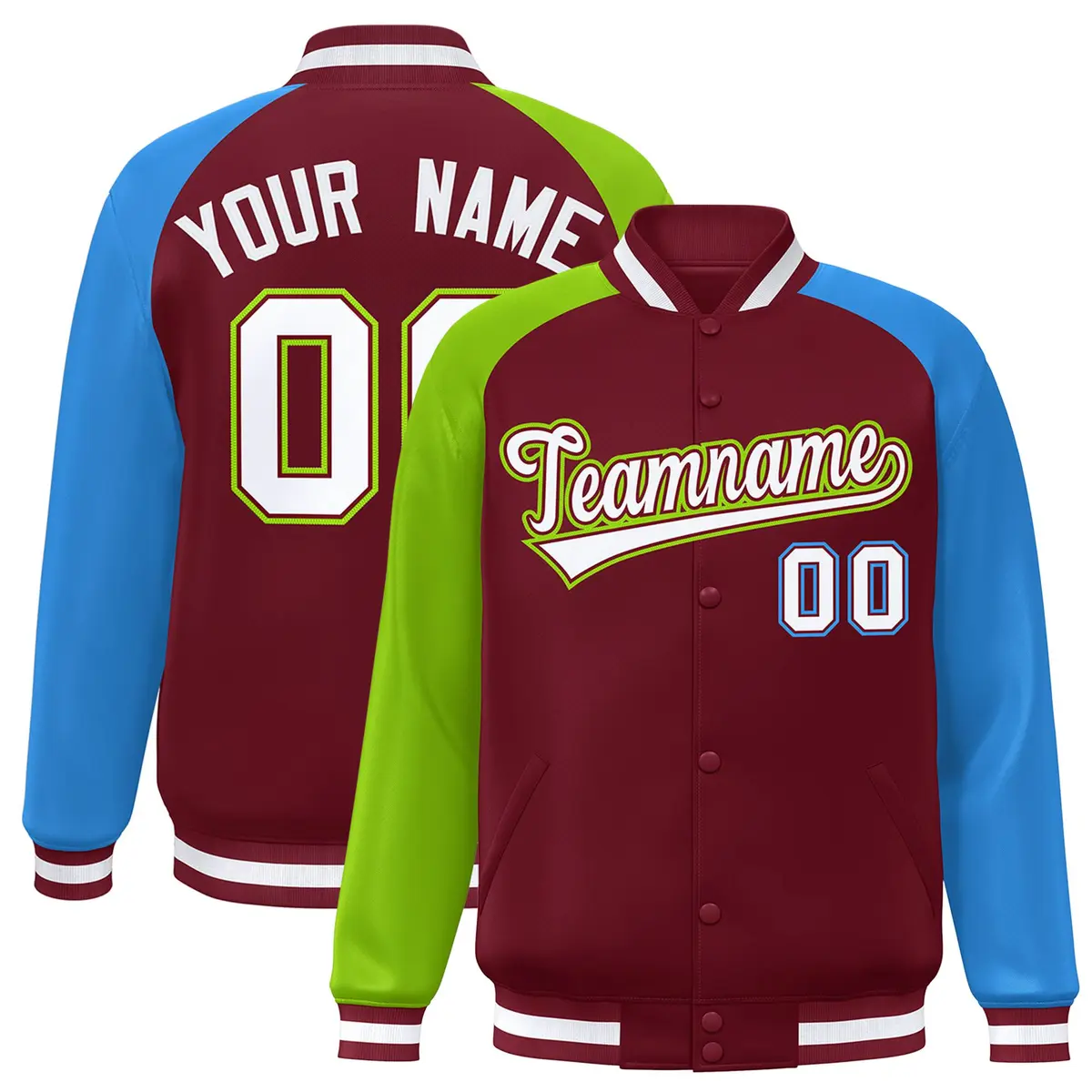 Crimson Powder Blue-Neon Green Varsity Raglan Letterman Bomber Jacket