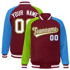 Crimson Powder Blue-Neon Green Varsity Raglan Letterman Bomber Jacket 1