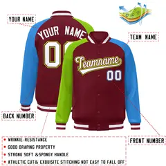 Crimson Powder Blue-Neon Green Varsity Raglan Letterman Bomber Jacket 2