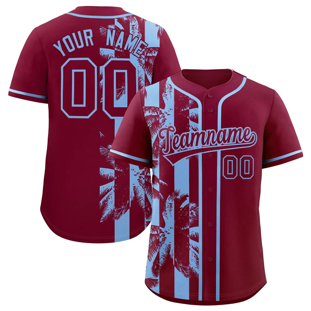 Crimson Powder Blue Split Coconut Tree Baseball Jersey