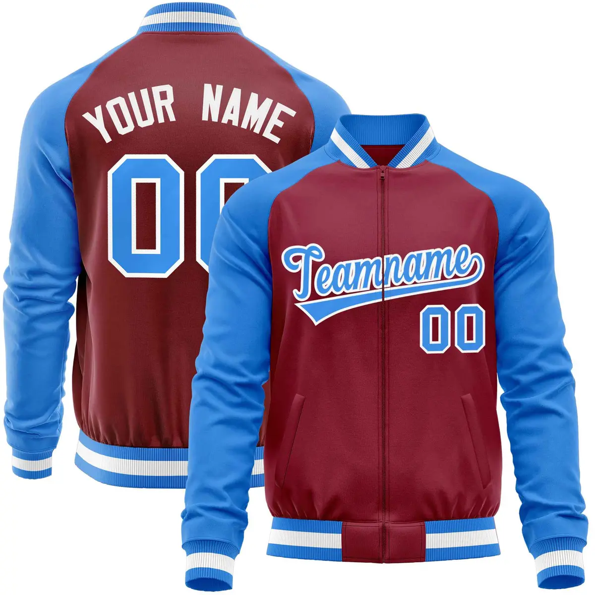Crimson Powder Blue Varsity Full-Zip Raglan Letterman Baseball Jacket