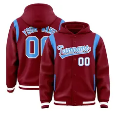 Crimson Powder Blue Varsity Letterman Shoulder Color Block Jacket Hoodie
