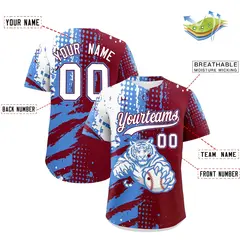 Crimson Powder Blue White Full-Snap Tiger Graffiti Baseball Jersey 2