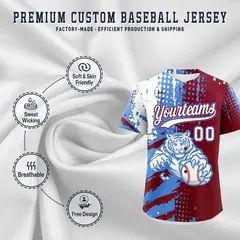 Crimson Powder Blue White Full-Snap Tiger Graffiti Baseball Jersey 3