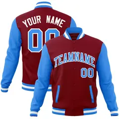 Crimson Powder Blue-White Raglan Varsity Full-Snap Letterman Jacket 1