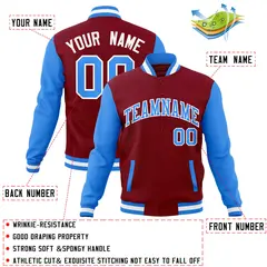 Crimson Powder Blue-White Raglan Varsity Full-Snap Letterman Jacket 4