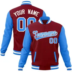 Crimson Powder Blue-White Raglan Varsity Full-Snap Letterman Jacket 1