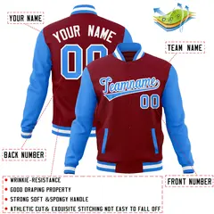 Crimson Powder Blue-White Raglan Varsity Full-Snap Letterman Jacket 4