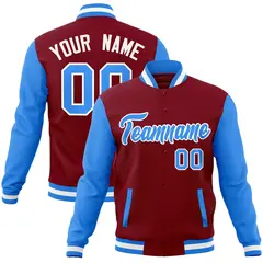 Crimson Powder Blue-White Raglan Varsity Full-Snap Letterman Jacket