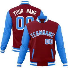 Crimson Powder Blue-White Raglan Varsity Full-Snap Letterman Jacket