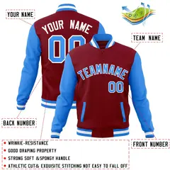 Crimson Powder Blue-White Raglan Varsity Full-Snap Letterman Jacket 4
