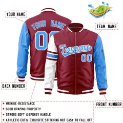 Crimson Powder Blue-White Varsity Full-Zip Raglan Stripe Letterman Bomber Jacket 2