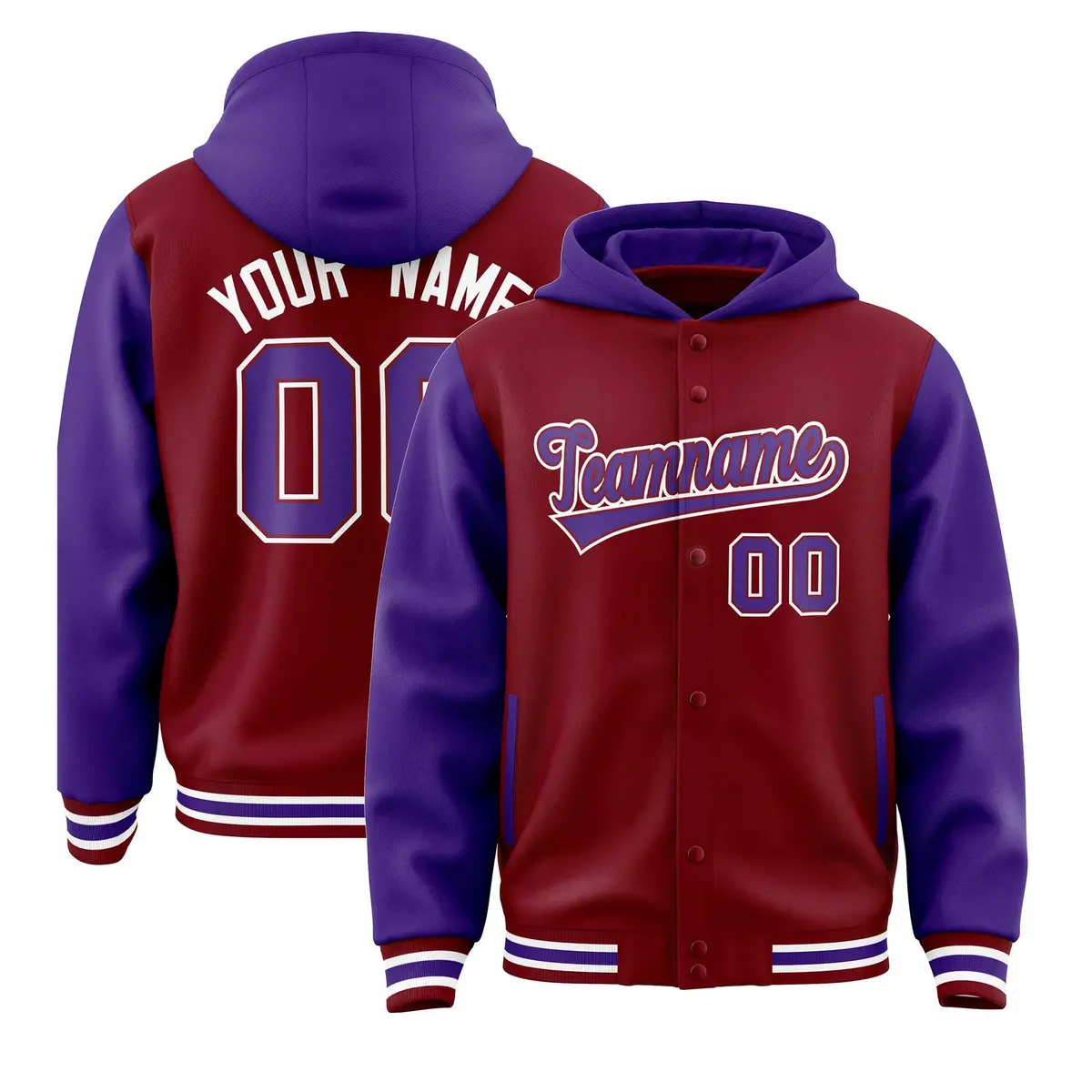 Crimson Purple Raglan Varsity Full-Snap Letterman Two Tone Jacket Hoodie