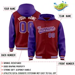 Crimson Purple Raglan Varsity Full-Snap Letterman Two Tone Jacket Hoodie 4