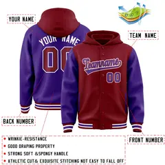 Crimson Purple Raglan Varsity Full-Snap Letterman Two Tone Jacket Hoodie 4